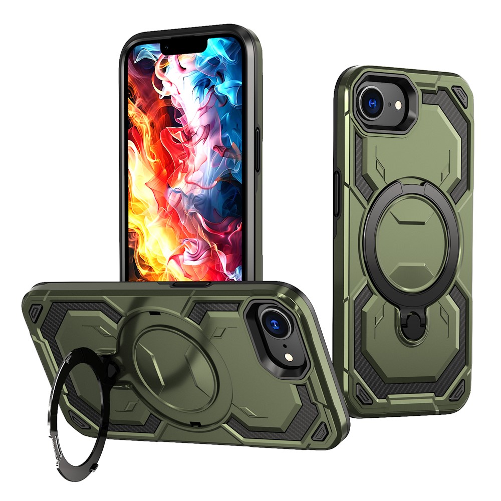 For iPhone 16e Magnetic Case Ring Kickstand PC + TPU Hybrid Phone Cover - Green