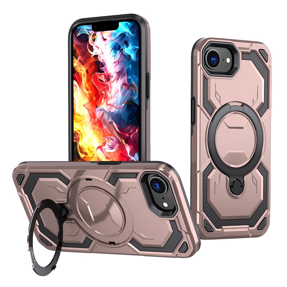For iPhone 16e Magnetic Case Ring Kickstand PC + TPU Hybrid Phone Cover - Rose Gold