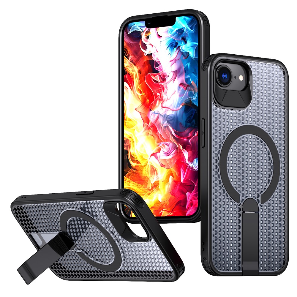 For iPhone 16e Magnetic Case Kickstand Grid Texture TPU PC Phone Back Cover - Black