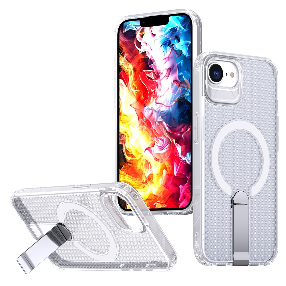 For iPhone 16e Magnetic Case Kickstand Grid Texture TPU PC Phone Back Cover - Transparent