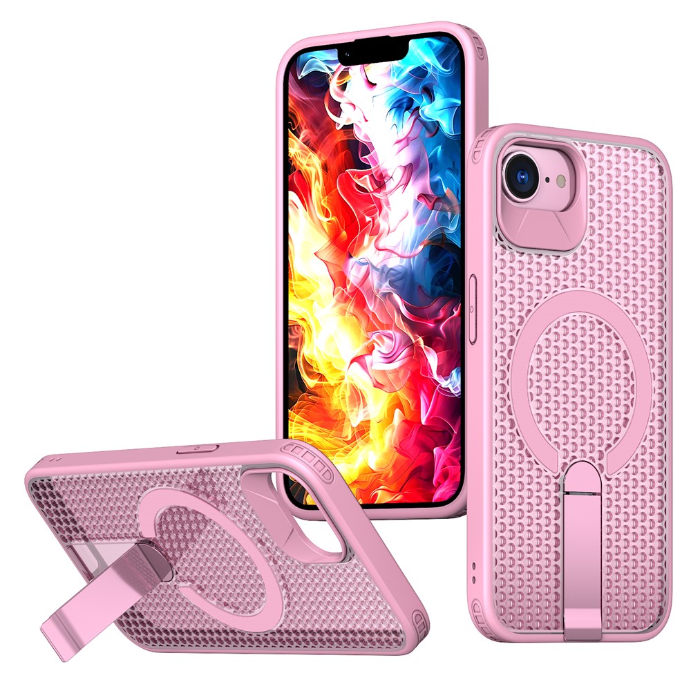 For iPhone 16e Magnetic Case Kickstand Grid Texture TPU PC Phone Back Cover - Pink