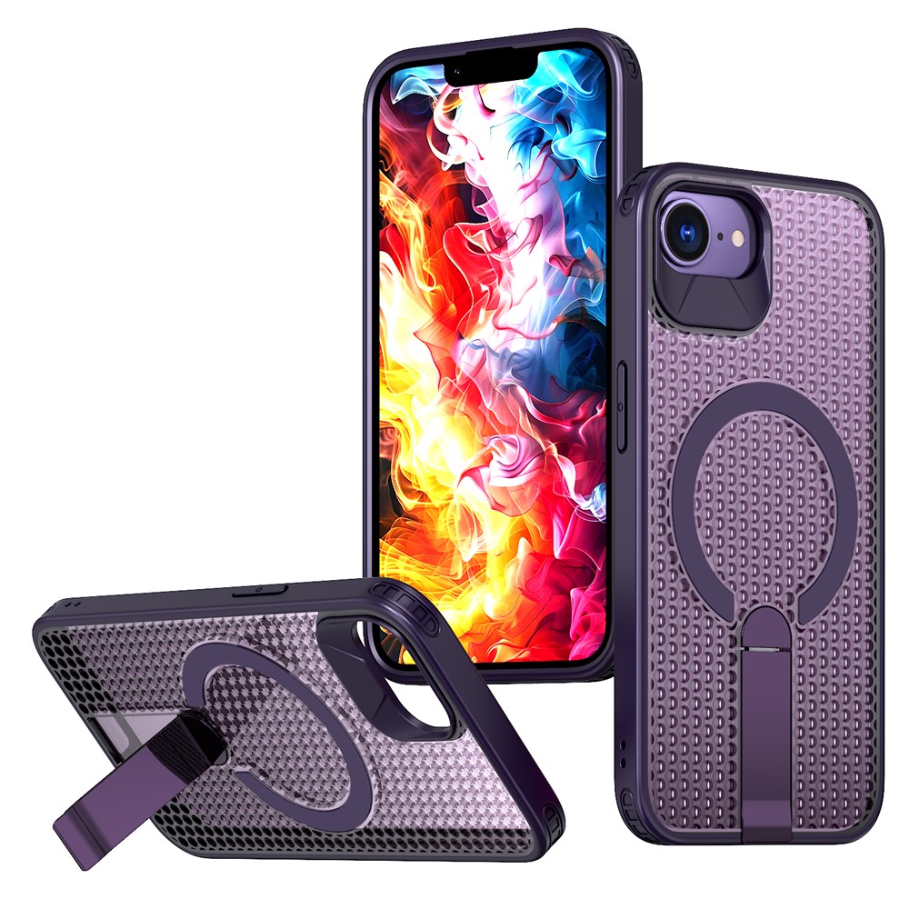 For iPhone 16e Magnetic Case Kickstand Grid Texture TPU PC Phone Back Cover - Purple