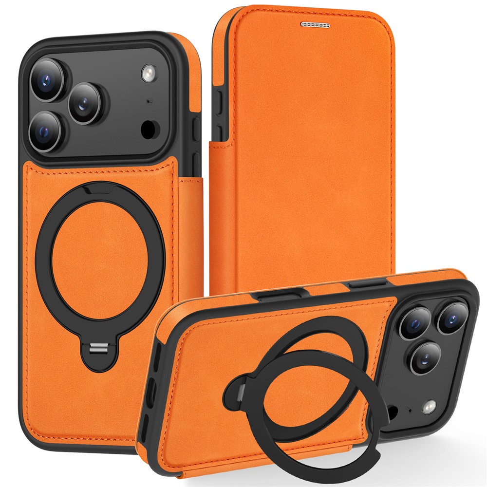 For iPhone 17 Pro Case Compatible with MagSafe RFID Blocking Leather Wallet Cover with Rotating Ring Kickstand - Orange