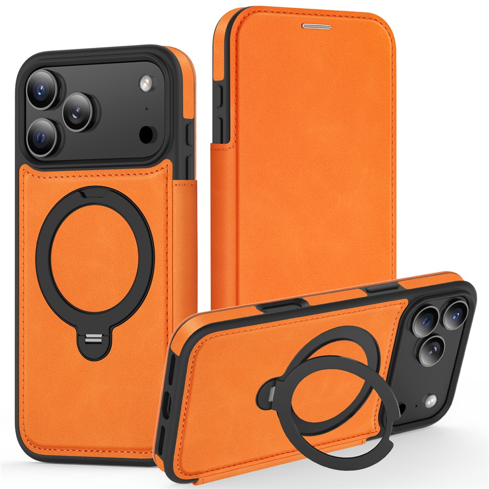 For iPhone 17 Pro Max Case Compatible with MagSafe RFID Blocking Leather Wallet Cover with Rotating Ring Kickstand - Orange
