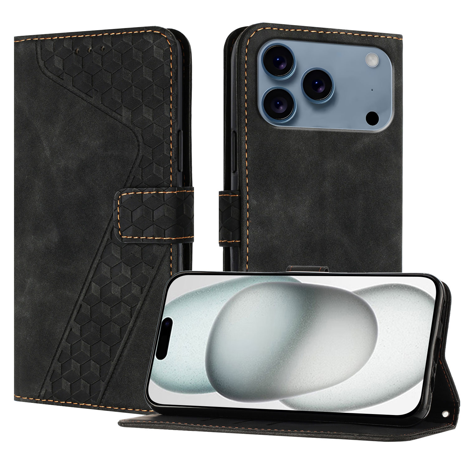 For iPhone 17 Pro Max Leather Case 7-Shaped Pattern Wallet Stand Shockproof Phone Cover - Black