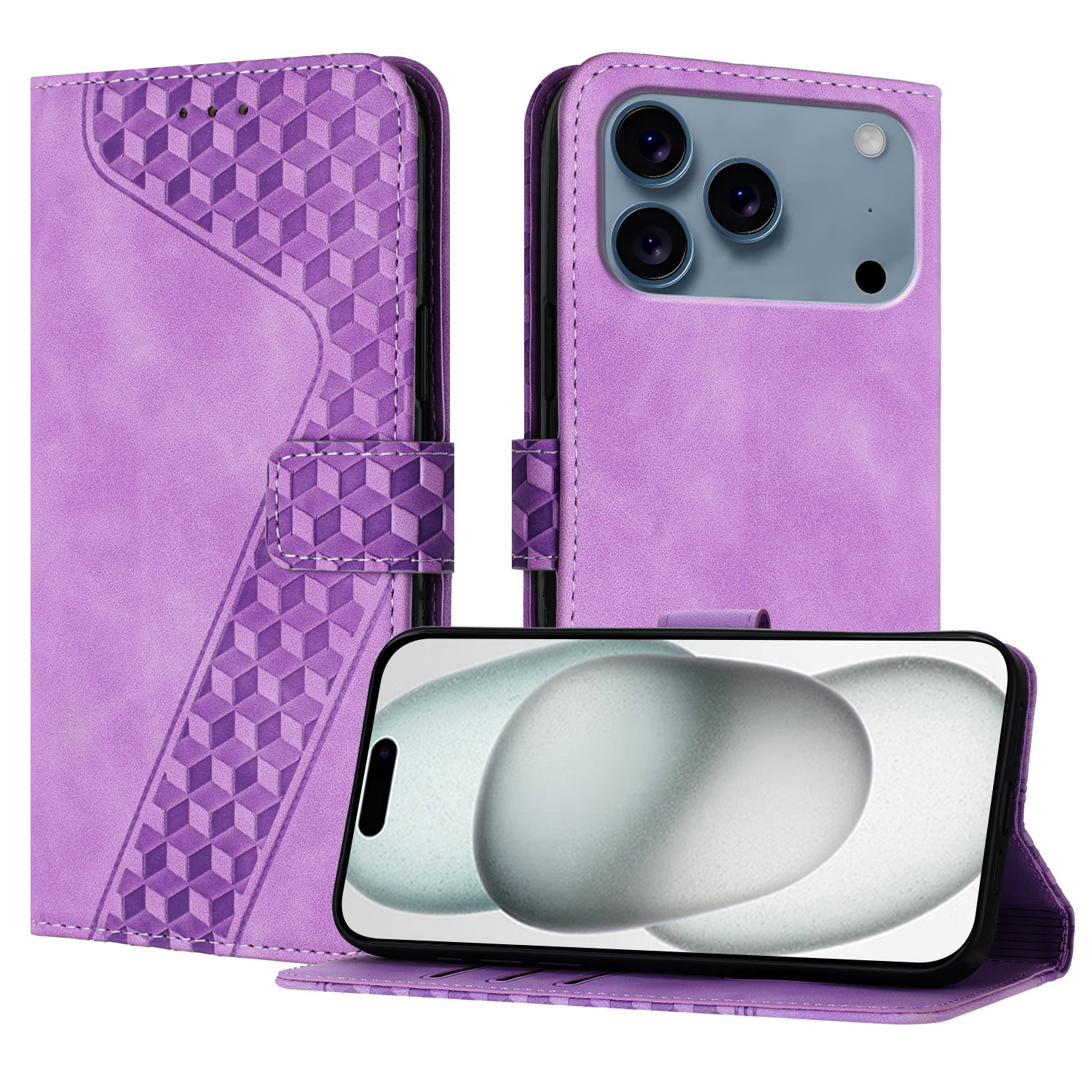 For iPhone 17 Pro Leather Case 7-Shaped Pattern Wallet Stand Shockproof Phone Cover - Purple