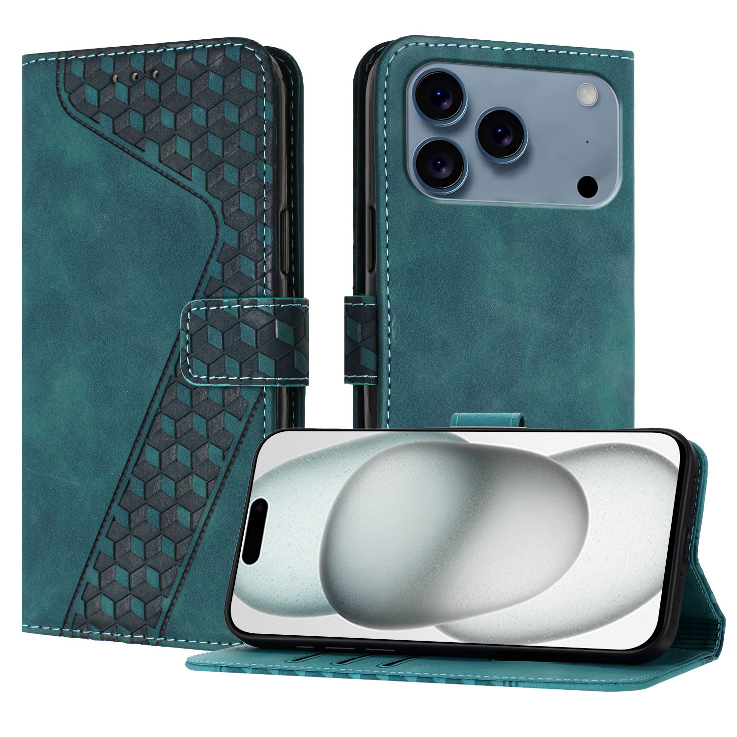 For iPhone 17 Pro Leather Case 7-Shaped Pattern Wallet Stand Shockproof Phone Cover - Green