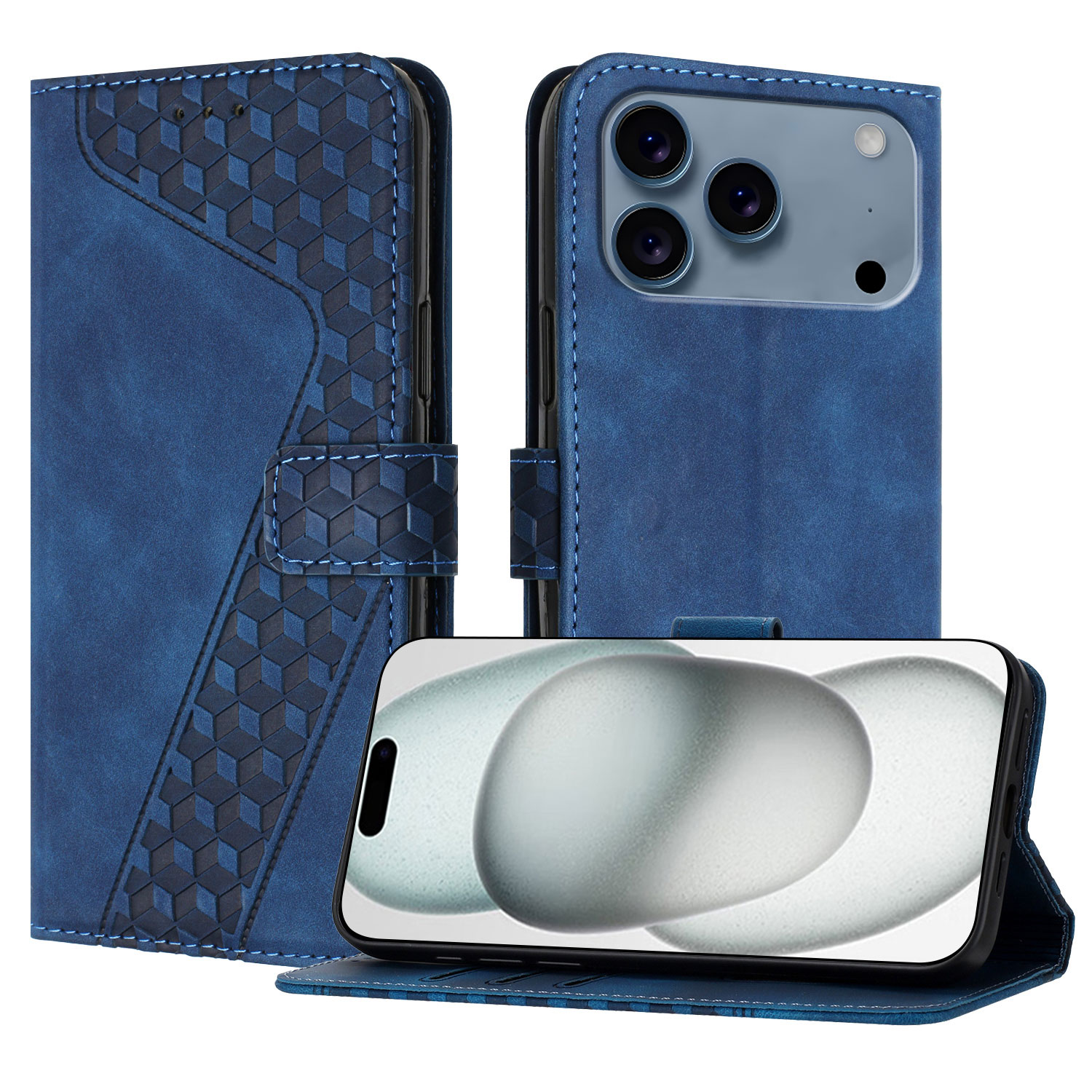 For iPhone 17 Pro Leather Case 7-Shaped Pattern Wallet Stand Shockproof Phone Cover - Blue