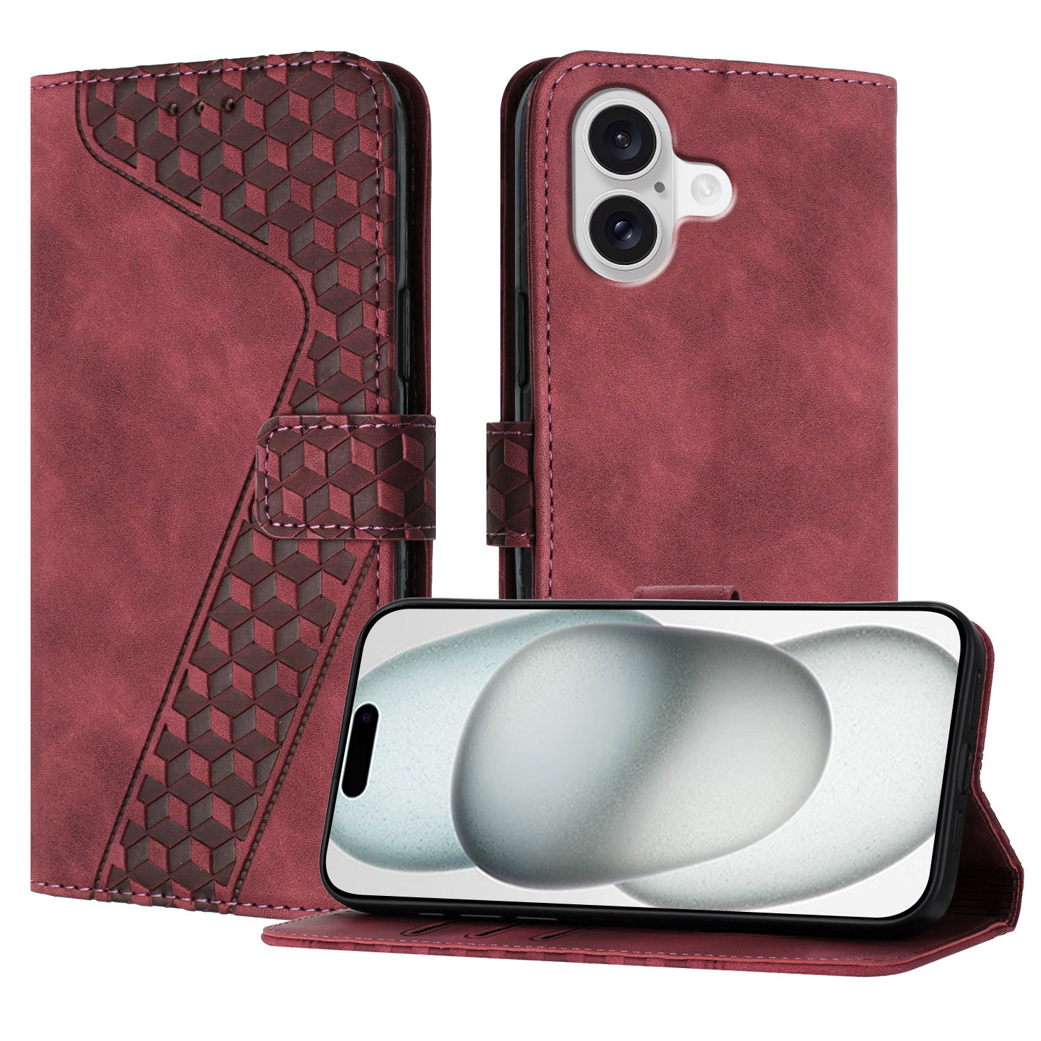 For iPhone 17 Leather Case 7-Shaped Pattern Wallet Stand Shockproof Phone Cover - Black