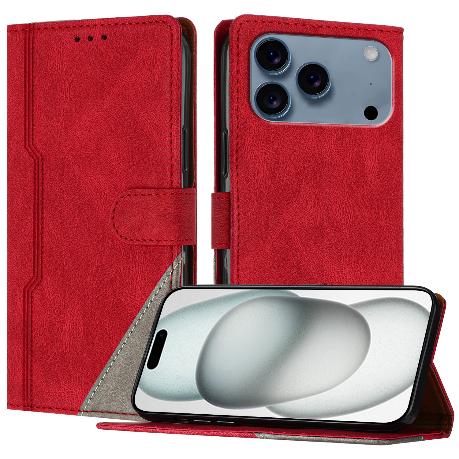 For iPhone 17 Pro Max Leather Case Triangle Patchwork Wallet Stand Shockproof Phone Cover - Red