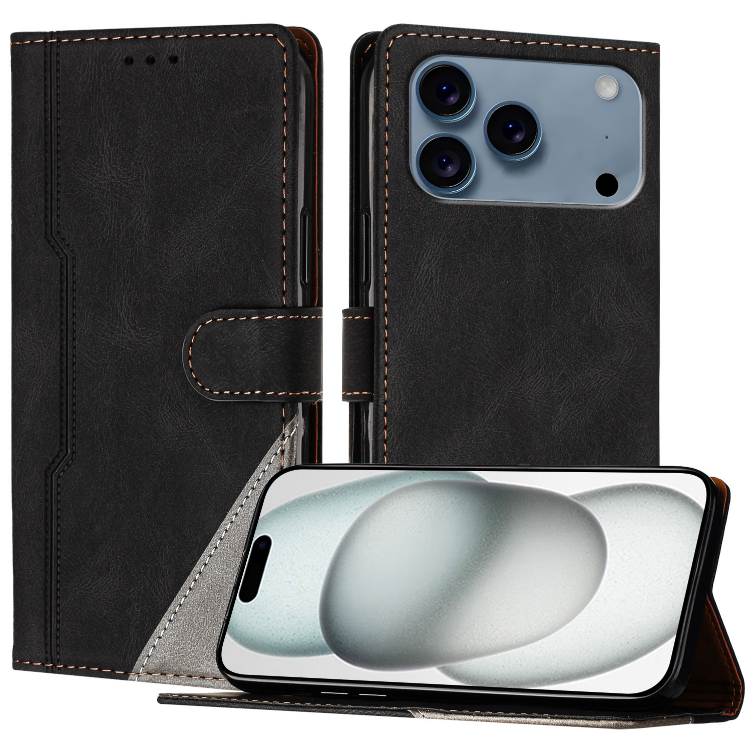 For iPhone 17 Pro Max Leather Case Triangle Patchwork Wallet Stand Shockproof Phone Cover - Black