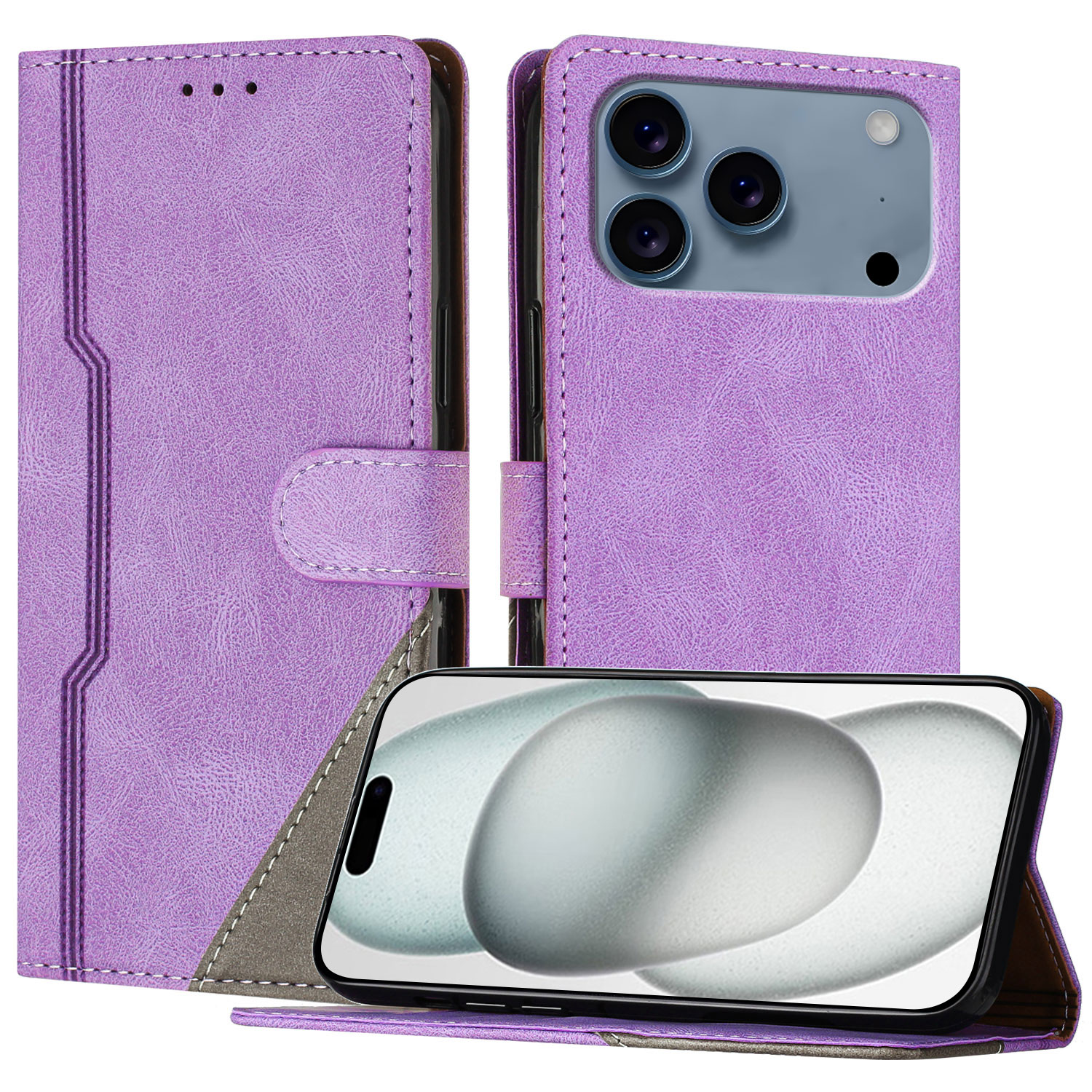 For iPhone 17 Pro Max Leather Case Triangle Patchwork Wallet Stand Shockproof Phone Cover - Purple