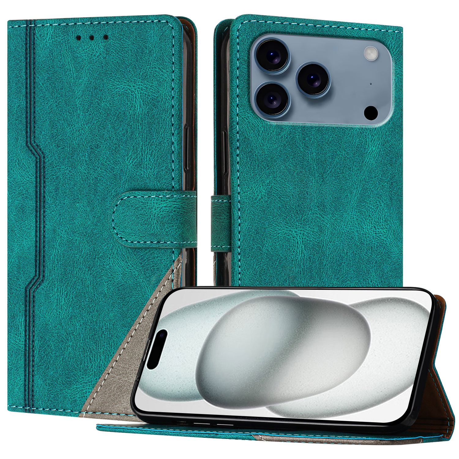 For iPhone 17 Pro Leather Case Triangle Patchwork Wallet Stand Shockproof Phone Cover - Green