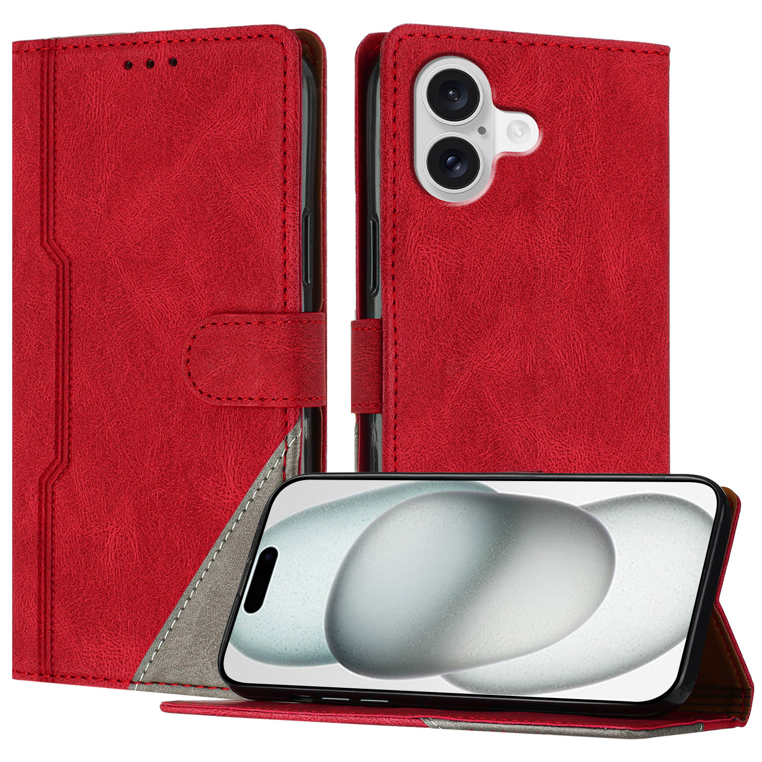 For iPhone 17 Leather Case Triangle Patchwork Wallet Stand Shockproof Phone Cover - Red