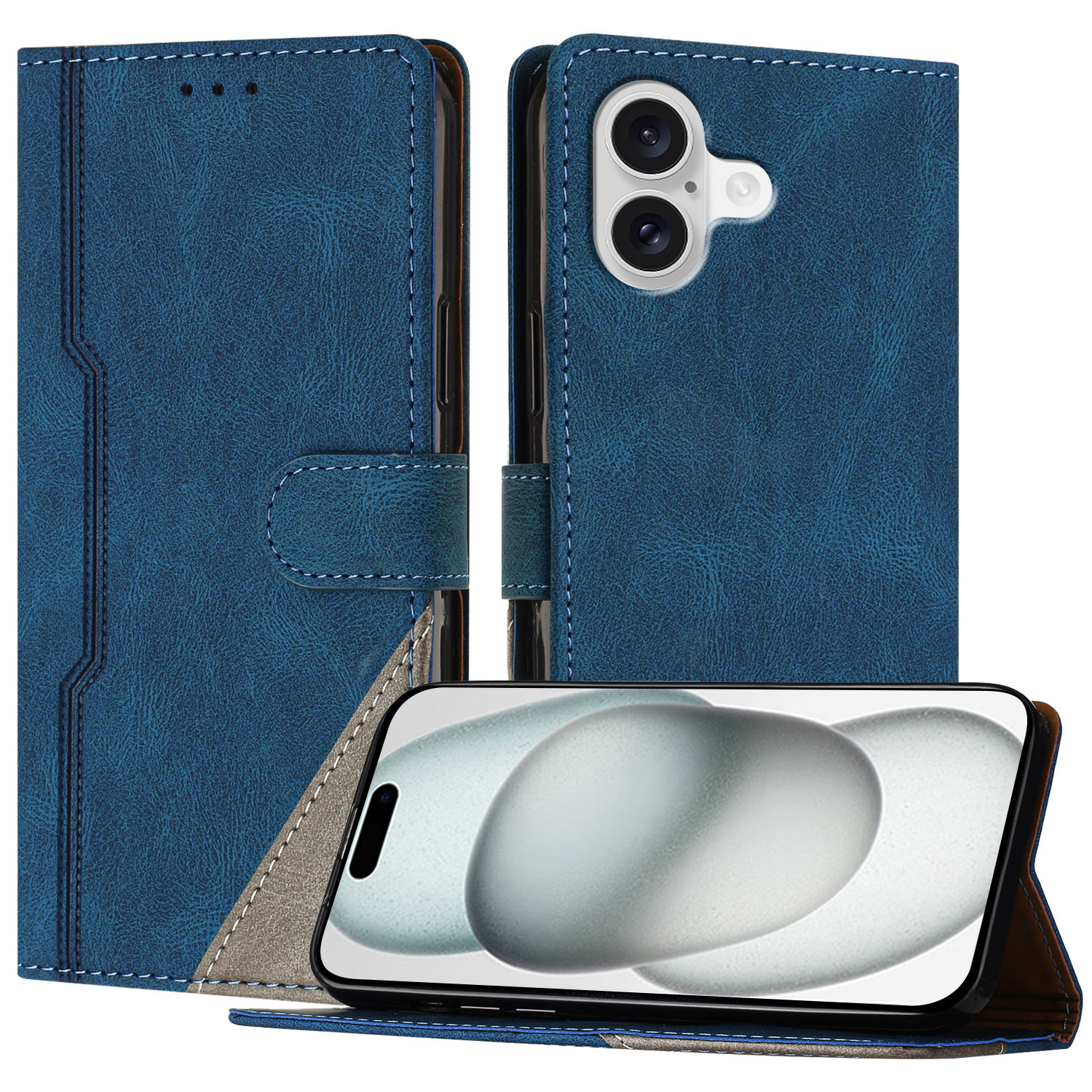 For iPhone 17 Leather Case Triangle Patchwork Wallet Stand Shockproof Phone Cover - Blue