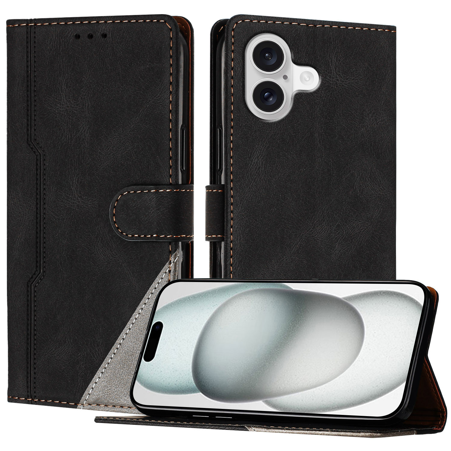 For iPhone 17 Leather Case Triangle Patchwork Wallet Stand Shockproof Phone Cover - Black