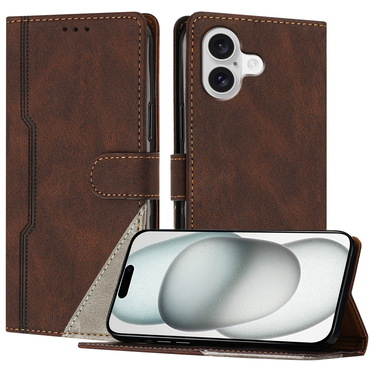 For iPhone 17 Leather Case Triangle Patchwork Wallet Stand Shockproof Phone Cover - Brown