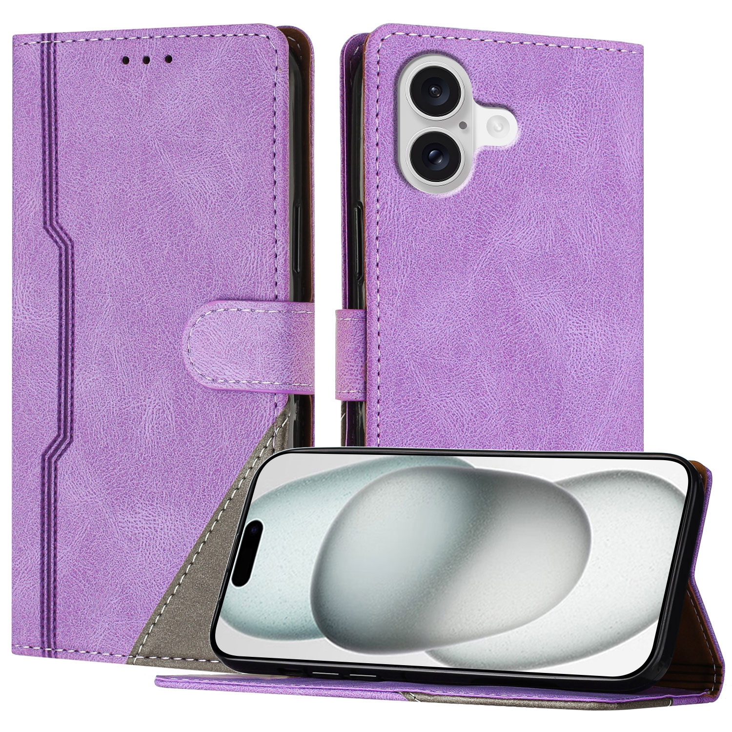 For iPhone 17 Leather Case Triangle Patchwork Wallet Stand Shockproof Phone Cover - Purple