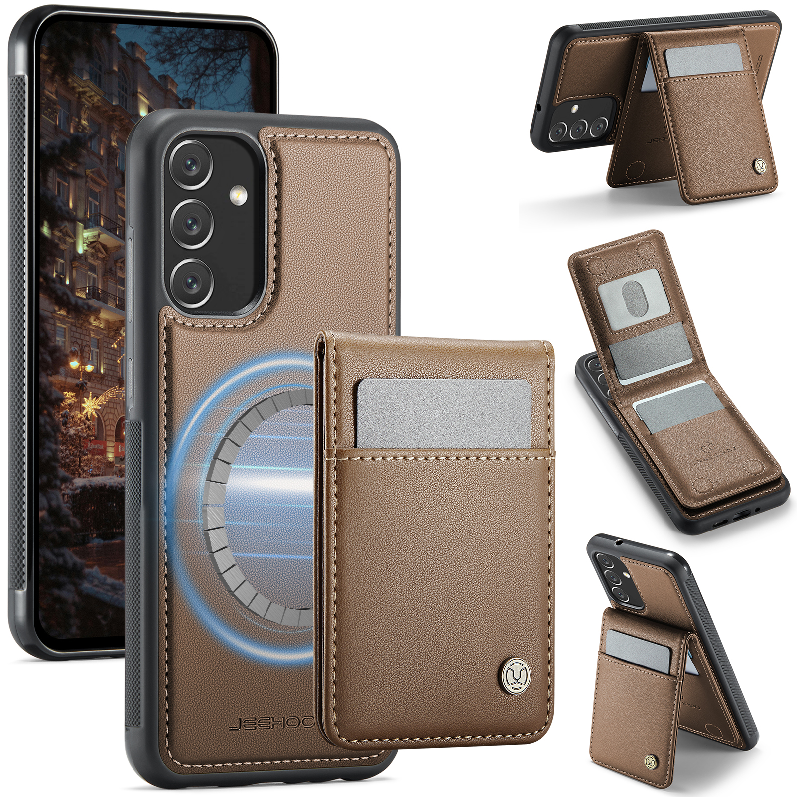 JEEHOOD For Samsung Galaxy A34 5G Leather Back Cover Magnetic Case J06 Phone Case with Card Bag RFID Blocking - Brown