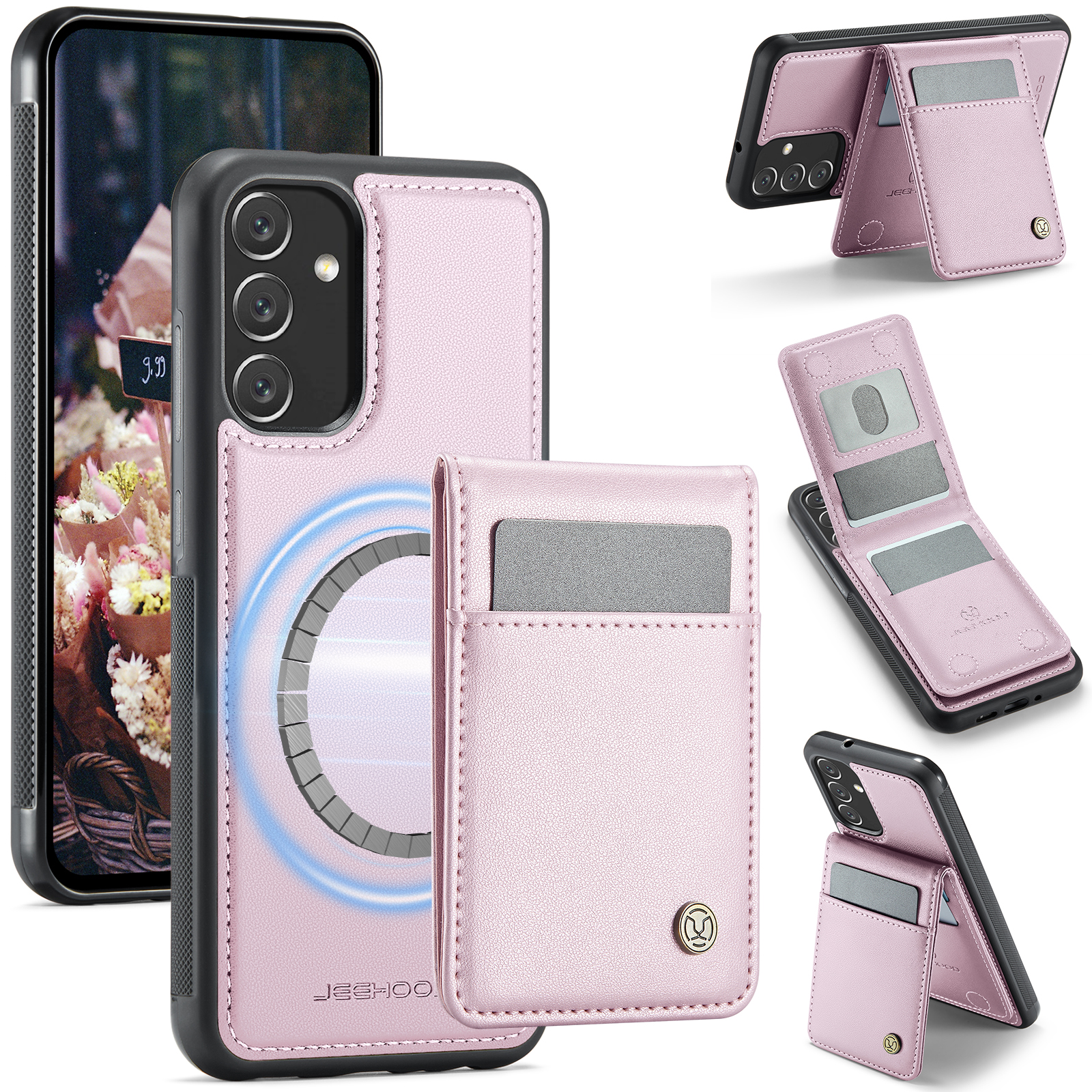 JEEHOOD For Samsung Galaxy A34 5G Leather Back Cover Magnetic Case J06 Phone Case with Card Bag RFID Blocking - Pink