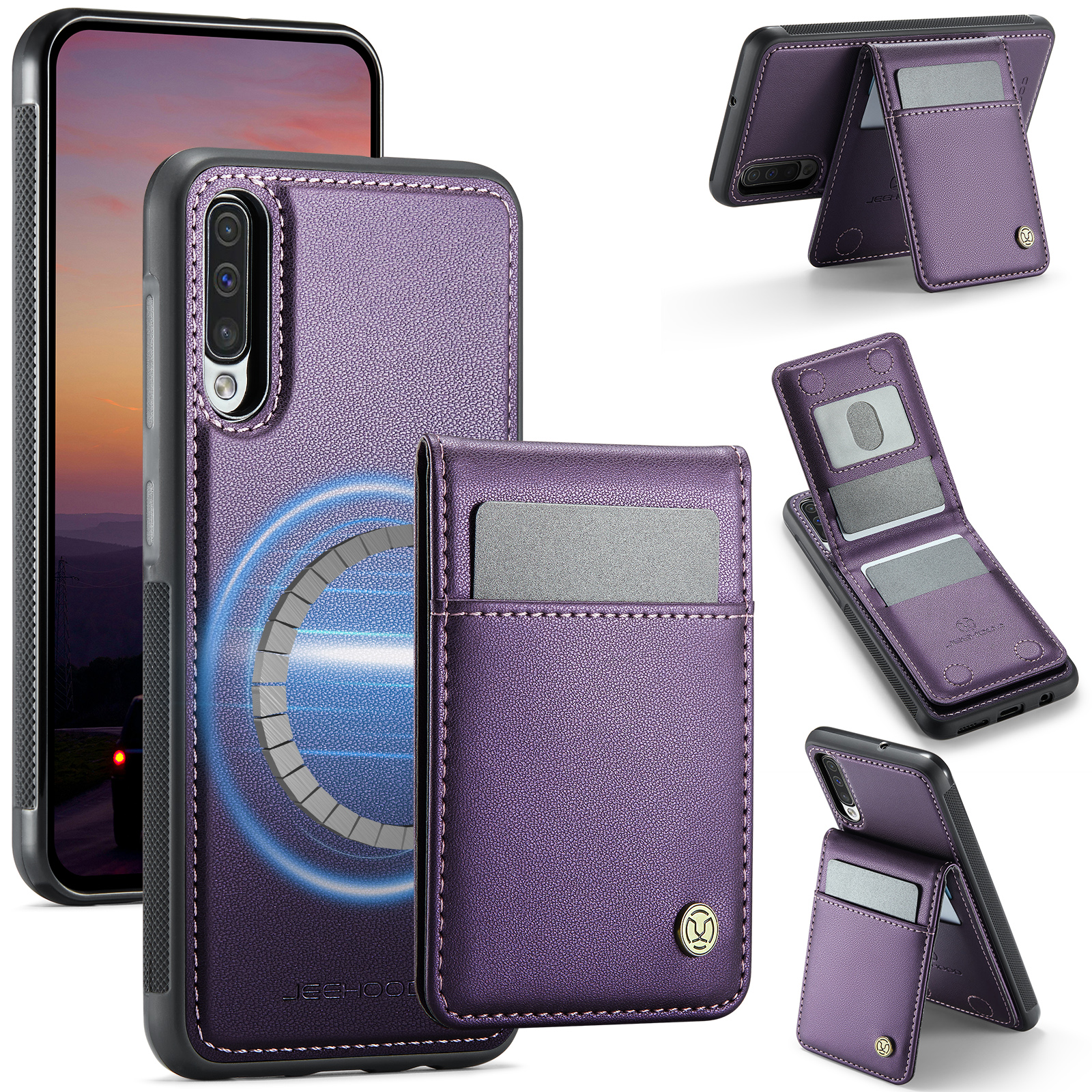 JEEHOOD For Samsung Galaxy A50 Leather Back Cover Magnetic Case J06 Phone Case with Card Bag RFID Blocking - Purple