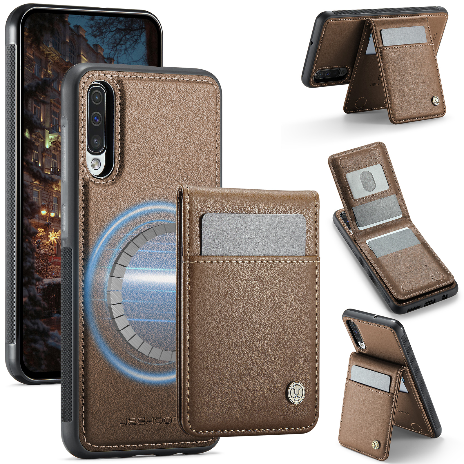 JEEHOOD For Samsung Galaxy A50 Leather Back Cover Magnetic Case  J06 Phone Case with Card Bag RFID Blocking - Brown