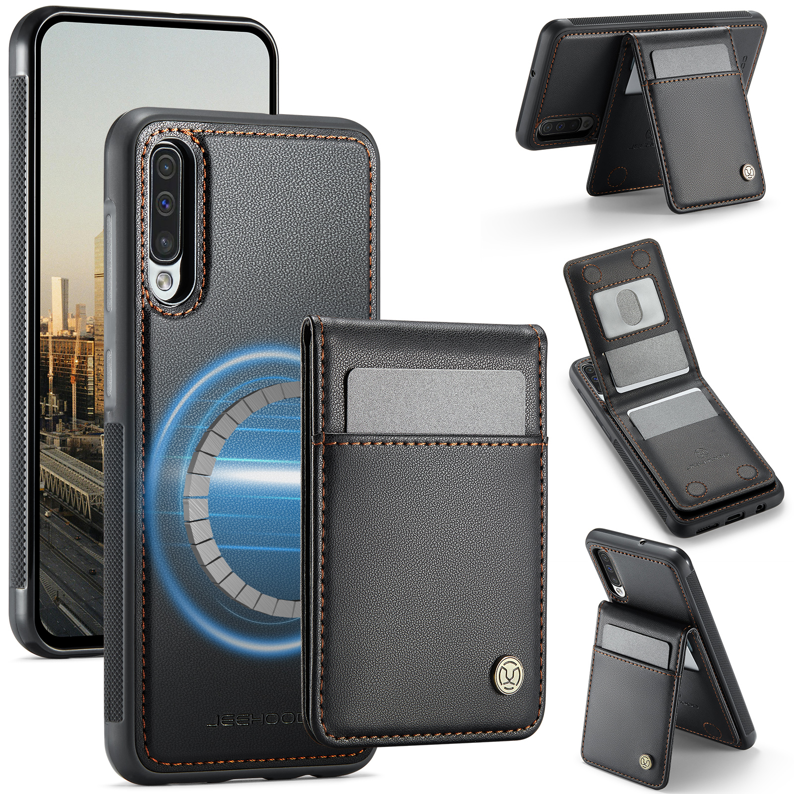 JEEHOOD For Samsung Galaxy A50 Leather Back Cover Magnetic Case  J06 Phone Case with Card Bag RFID Blocking - Black