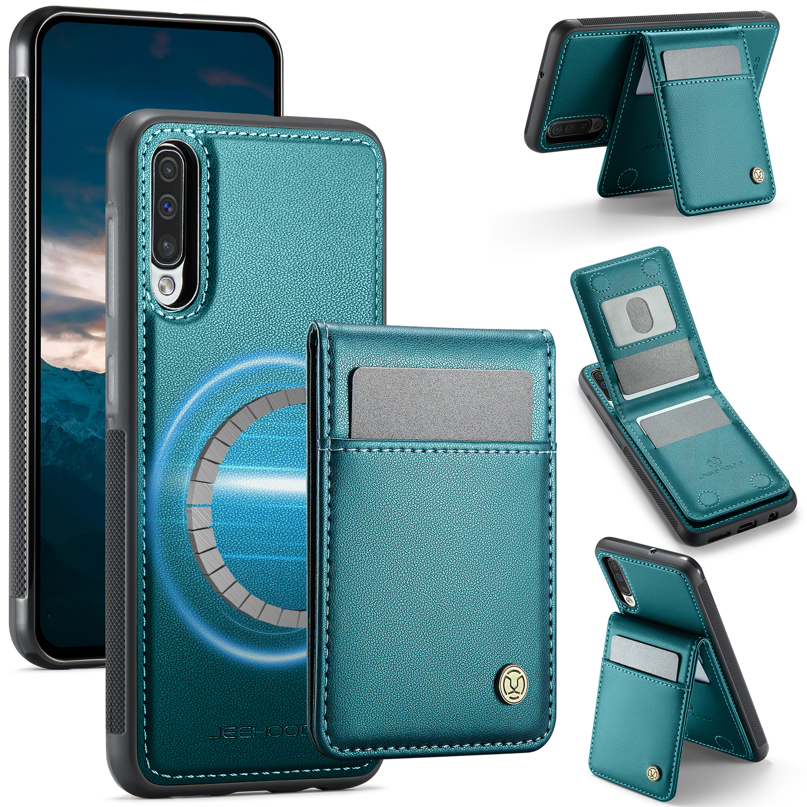 JEEHOOD For Samsung Galaxy A50 Leather Back Cover Magnetic Case  J06 Phone Case with Card Bag RFID Blocking - Blue