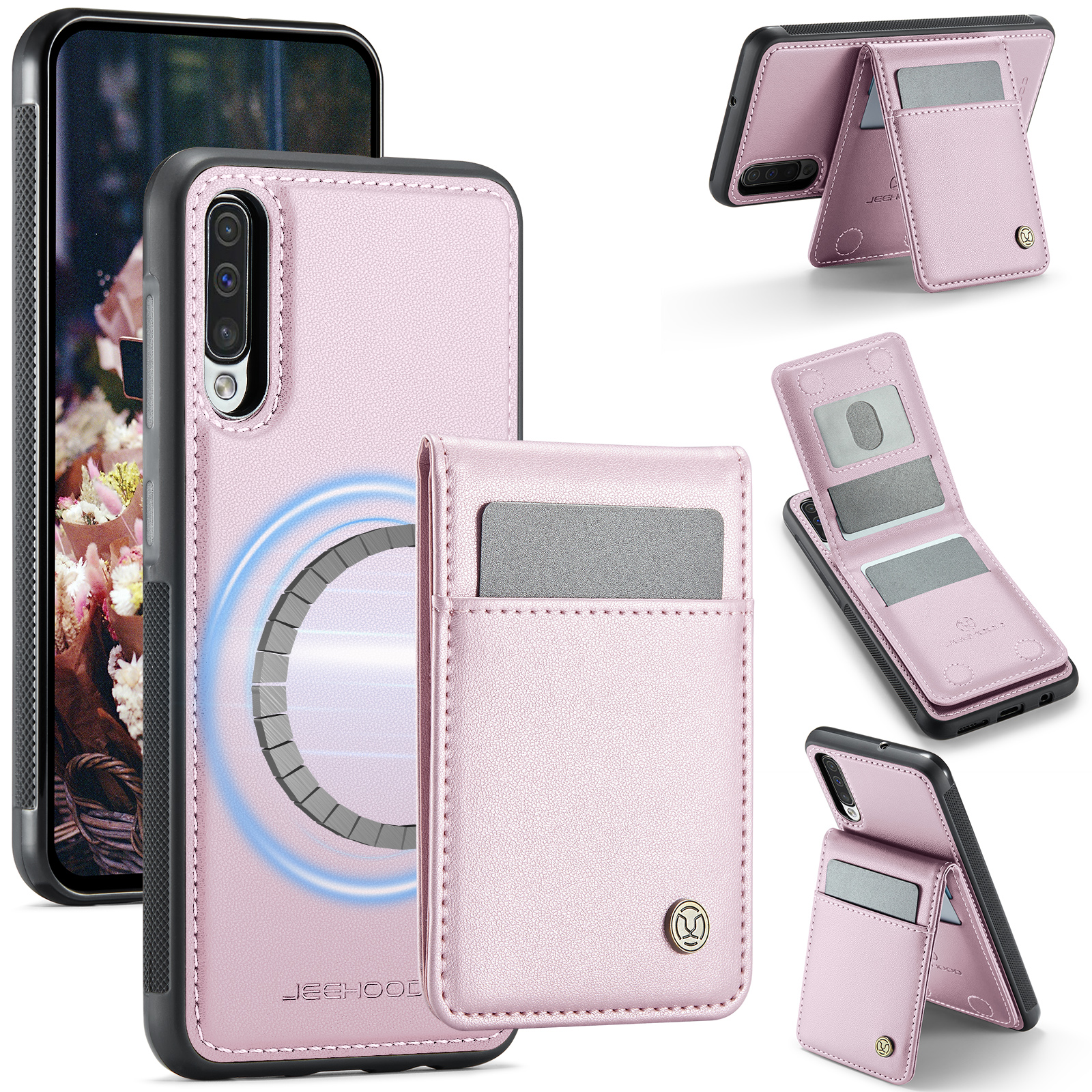 JEEHOOD For Samsung Galaxy A50 Leather Back Cover Magnetic Case J06 Phone Case with Card Bag RFID Blocking - Pink