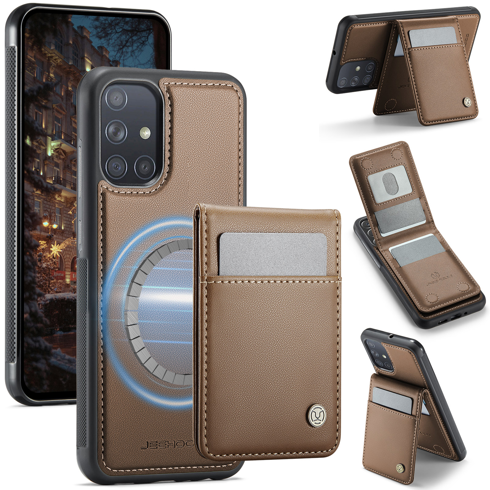 JEEHOOD For Samsung Galaxy A51 4G SM-A515 Leather Back Cover Magnetic Case J06 Phone Case with Card Bag RFID Blocking - Brown