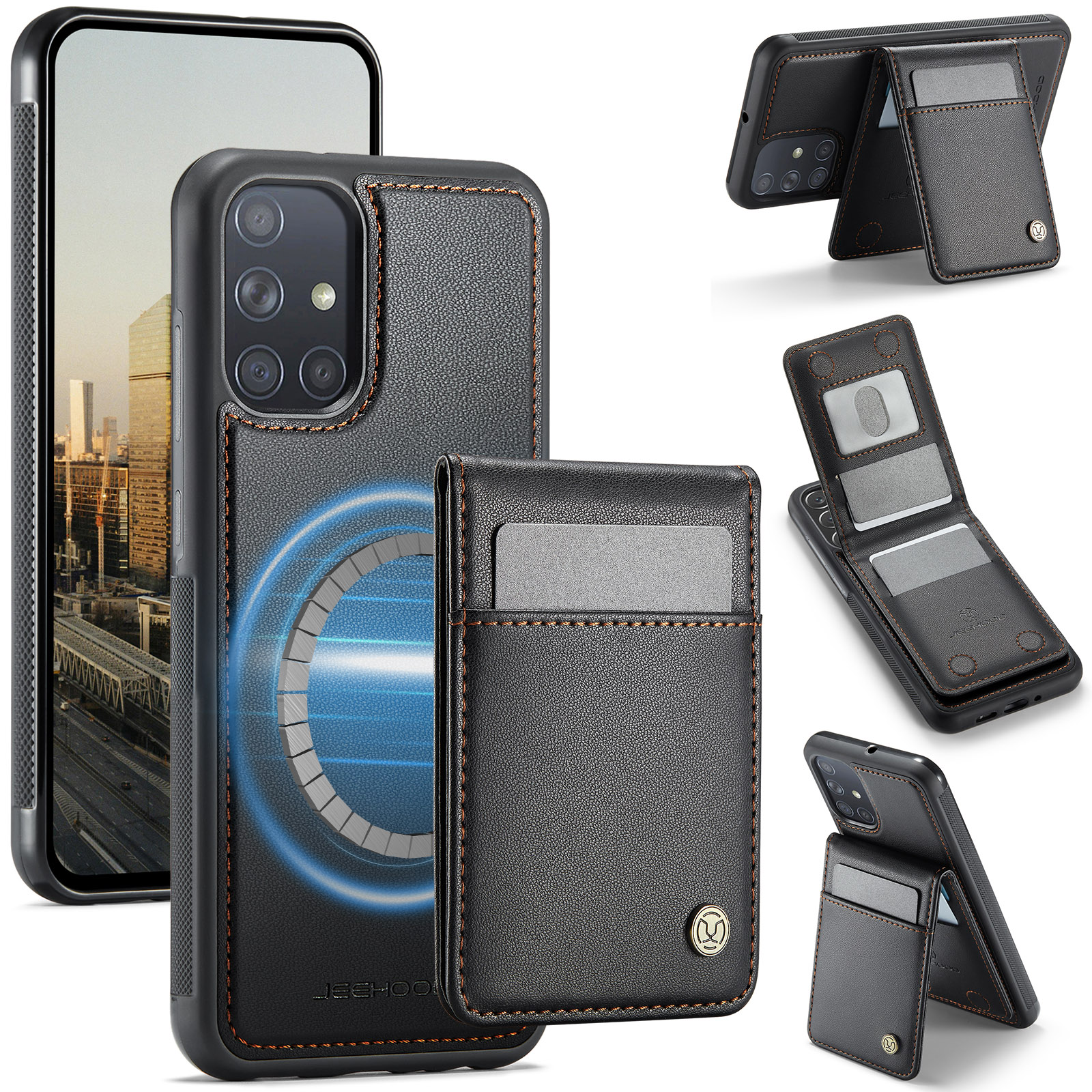 JEEHOOD For Samsung Galaxy A51 4G SM-A515 Leather Back Cover Magnetic Case J06 Phone Case with Card Bag RFID Blocking - Black