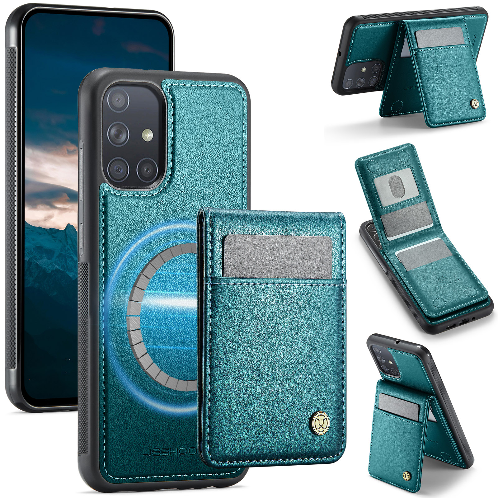 JEEHOOD For Samsung Galaxy A51 4G SM-A515 Leather Back Cover Magnetic Case J06 Phone Case with Card Bag RFID Blocking - Blue