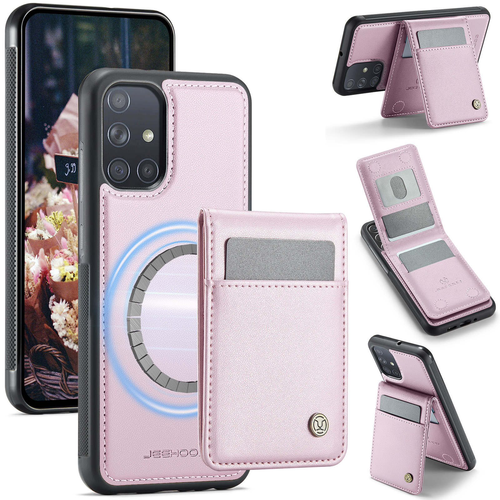 JEEHOOD For Samsung Galaxy A51 4G SM-A515 Leather Back Cover Magnetic Case  J06 Phone Case with Card Bag RFID Blocking - Pink