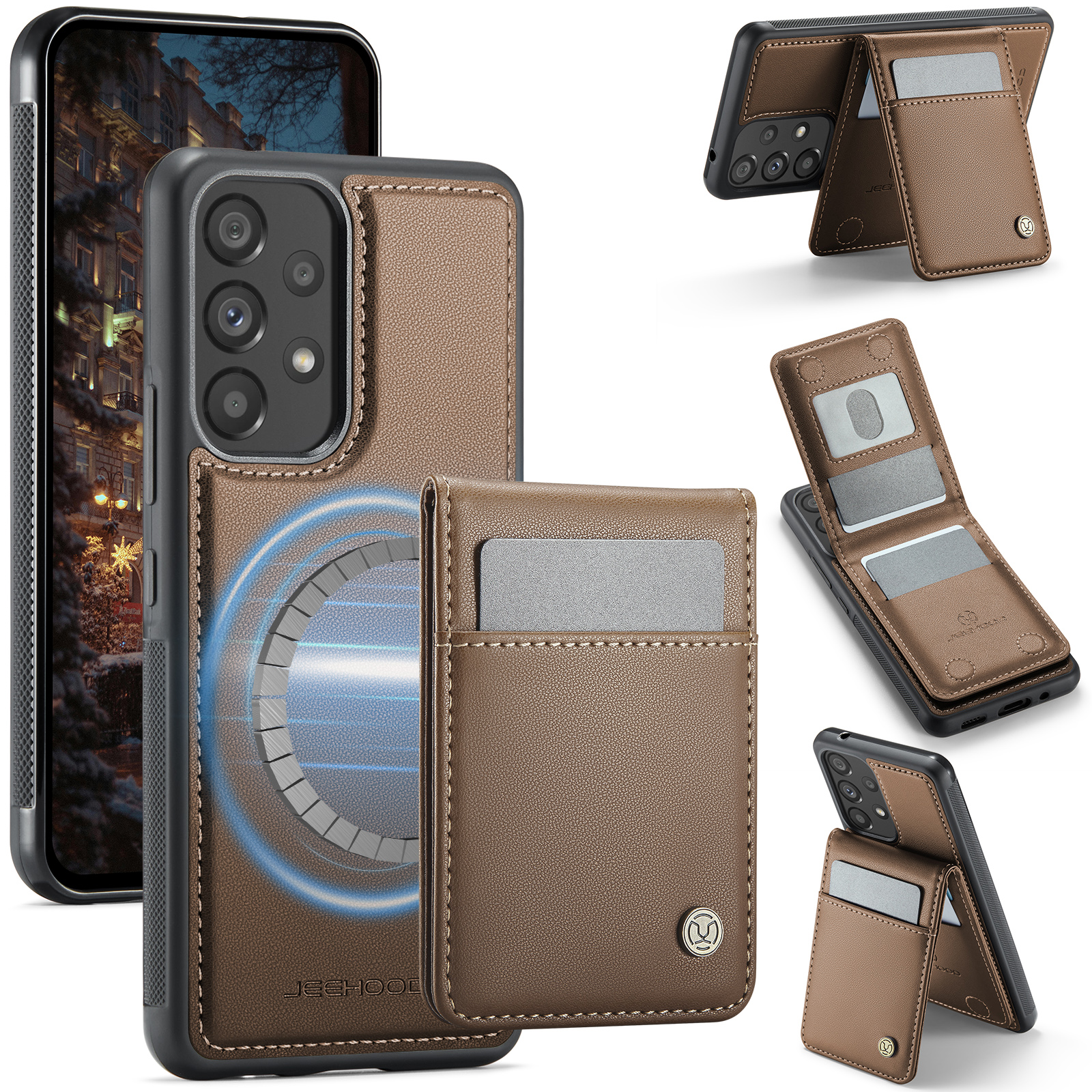 JEEHOOD For Samsung Galaxy A53 5G Leather Back Cover Magnetic Case J06 Phone Case with Card Bag RFID Blocking - Brown
