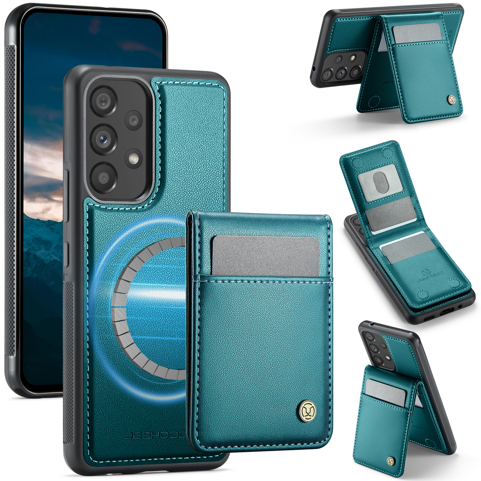 JEEHOOD For Samsung Galaxy A53 5G Leather Back Cover Magnetic Case J06 Phone Case with Card Bag RFID Blocking - Blue