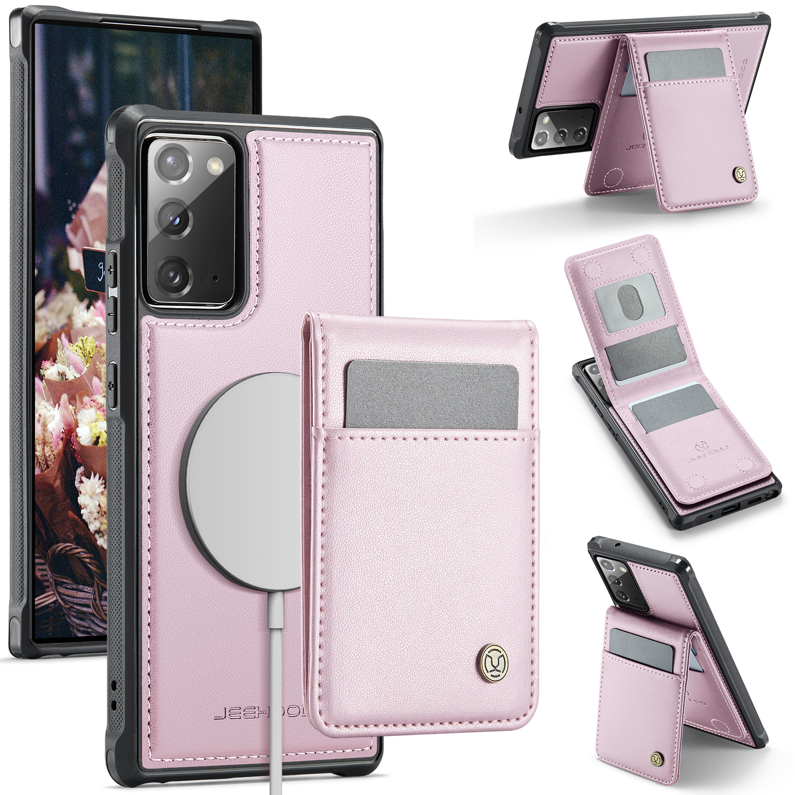 JEEHOOD For Samsung Galaxy Note20 Leather Back Cover Magnetic Case  J06 Phone Case with Card Bag RFID Blocking - Pink