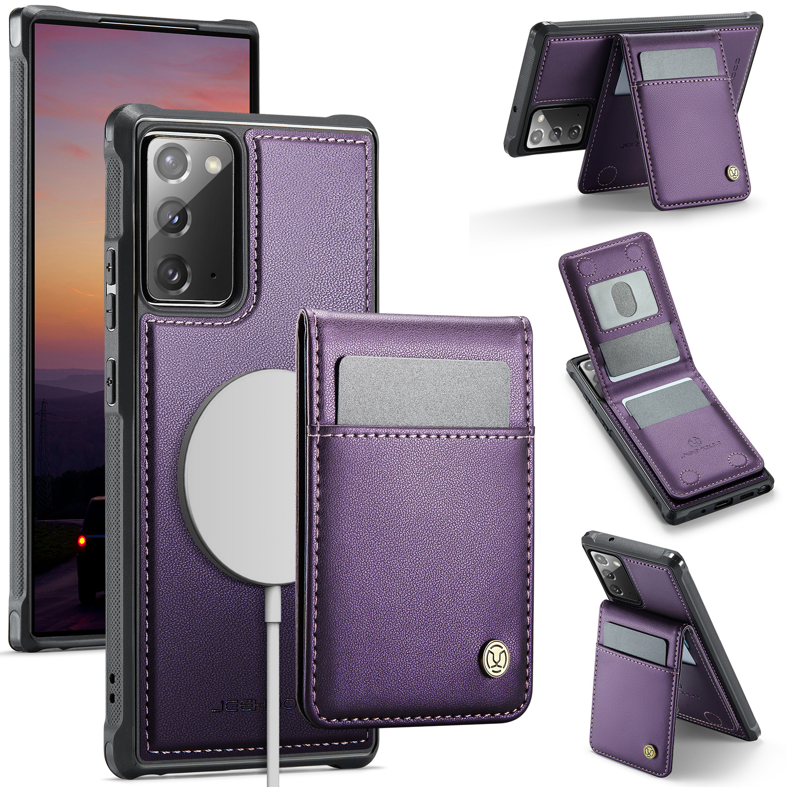 JEEHOOD For Samsung Galaxy Note20 Leather Back Cover Magnetic Case  J06 Phone Case with Card Bag RFID Blocking - Purple