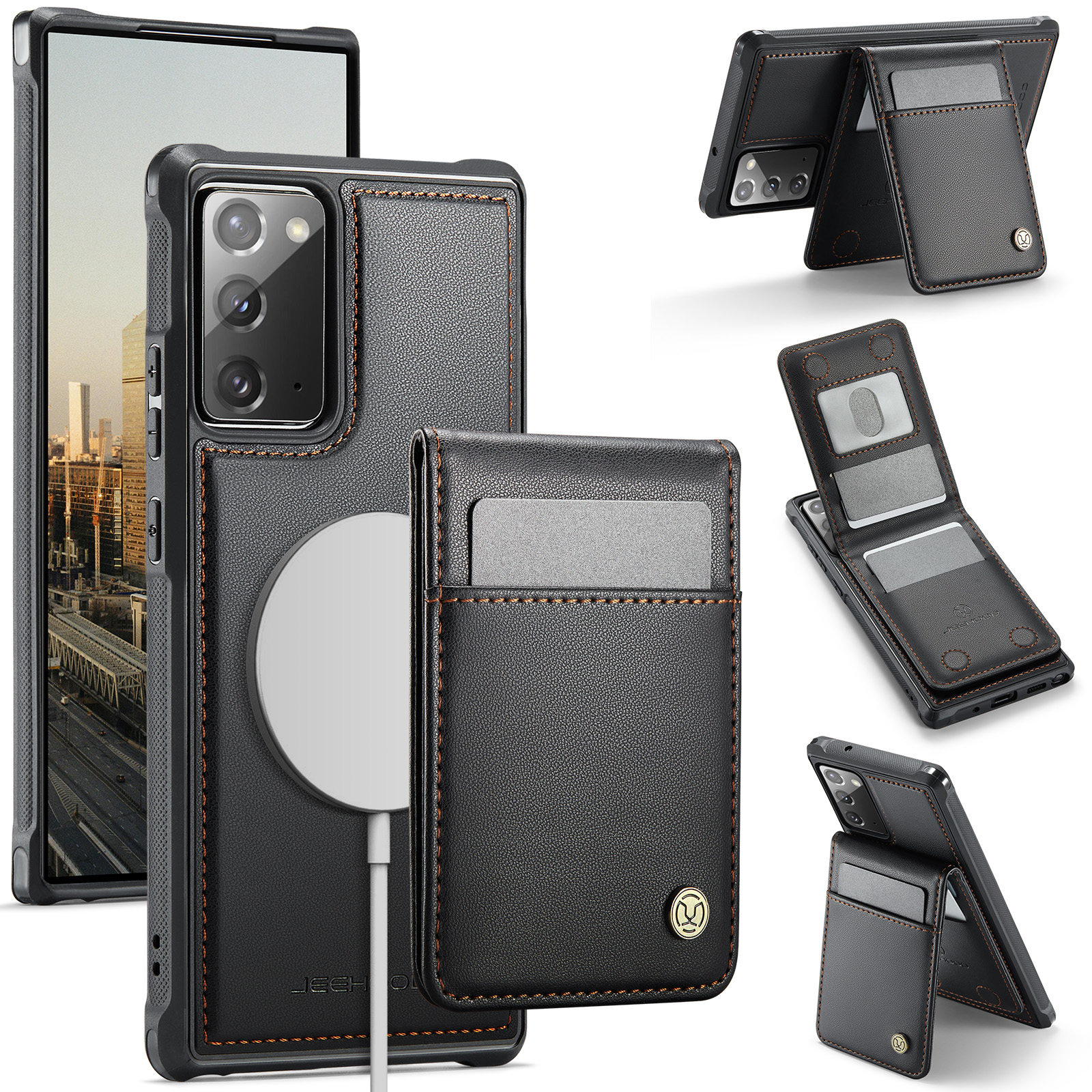 JEEHOOD For Samsung Galaxy Note20 Leather Back Cover Magnetic Case  J06 Phone Case with Card Bag RFID Blocking - Black