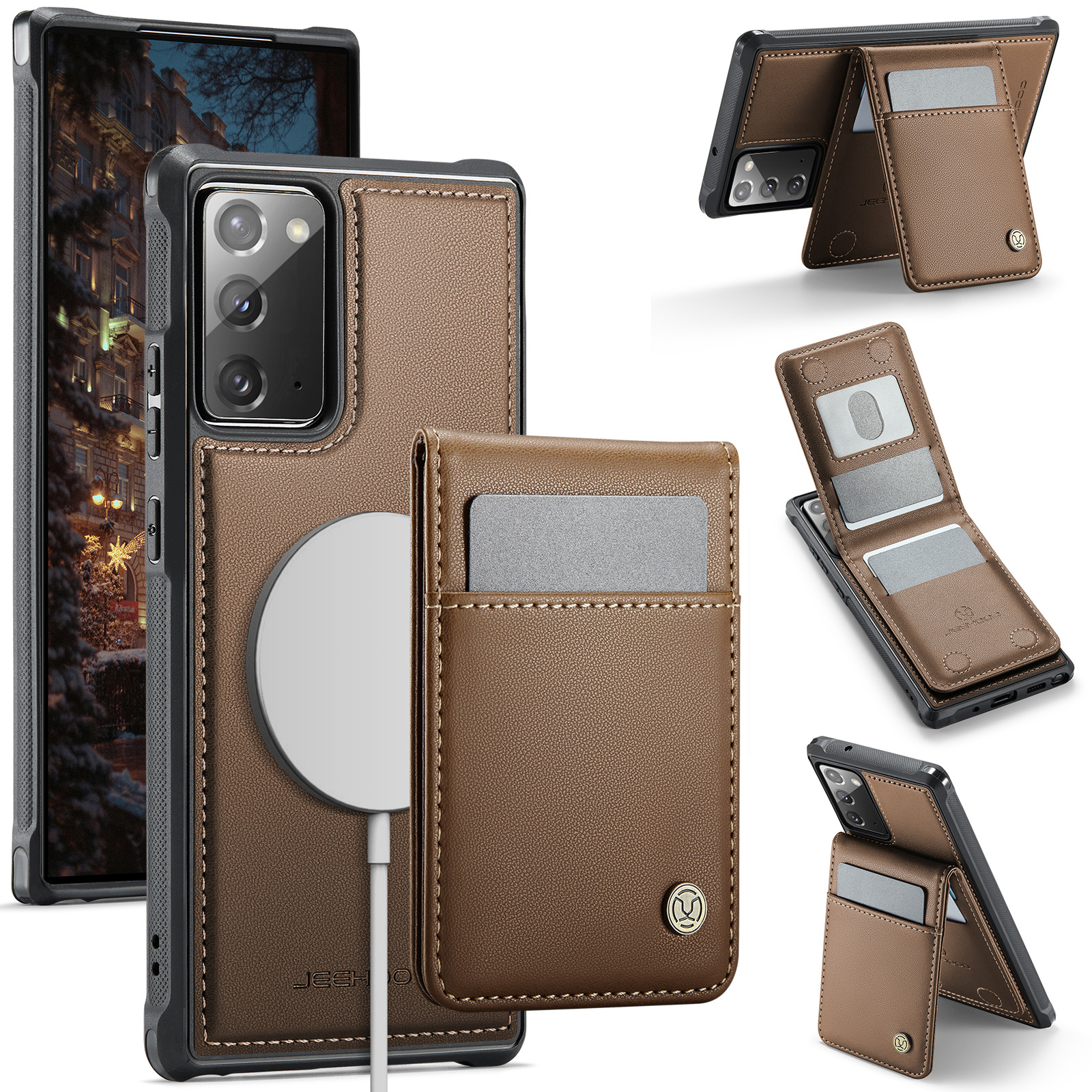 JEEHOOD For Samsung Galaxy Note20 Leather Back Cover Magnetic Case  J06 Phone Case with Card Bag RFID Blocking - Brown