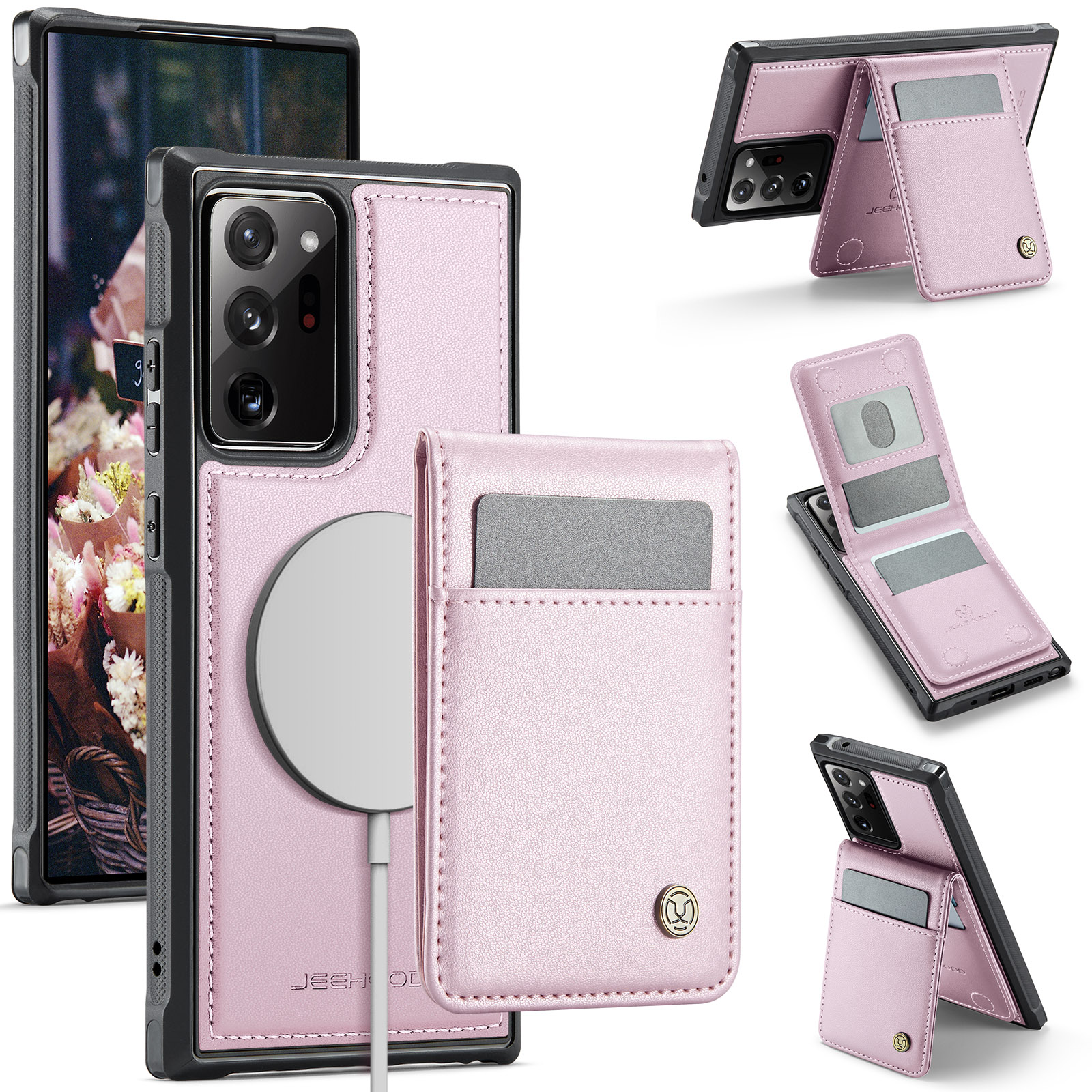 JEEHOOD For Samsung Galaxy Note20 Ultra Leather Back Cover Magnetic Case  J06 Phone Case with Card Bag RFID Blocking - Pink