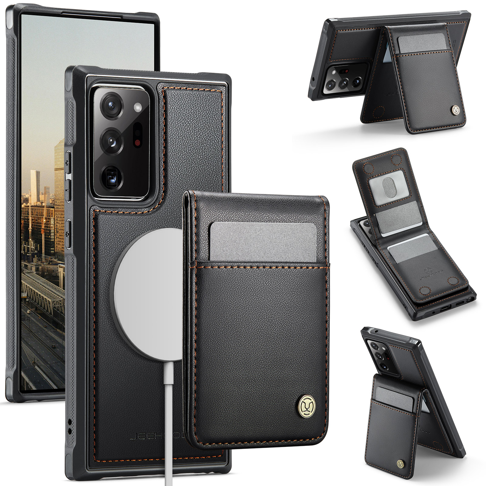 JEEHOOD For Samsung Galaxy Note20 Ultra Leather Back Cover Magnetic Case  J06 Phone Case with Card Bag RFID Blocking - Black