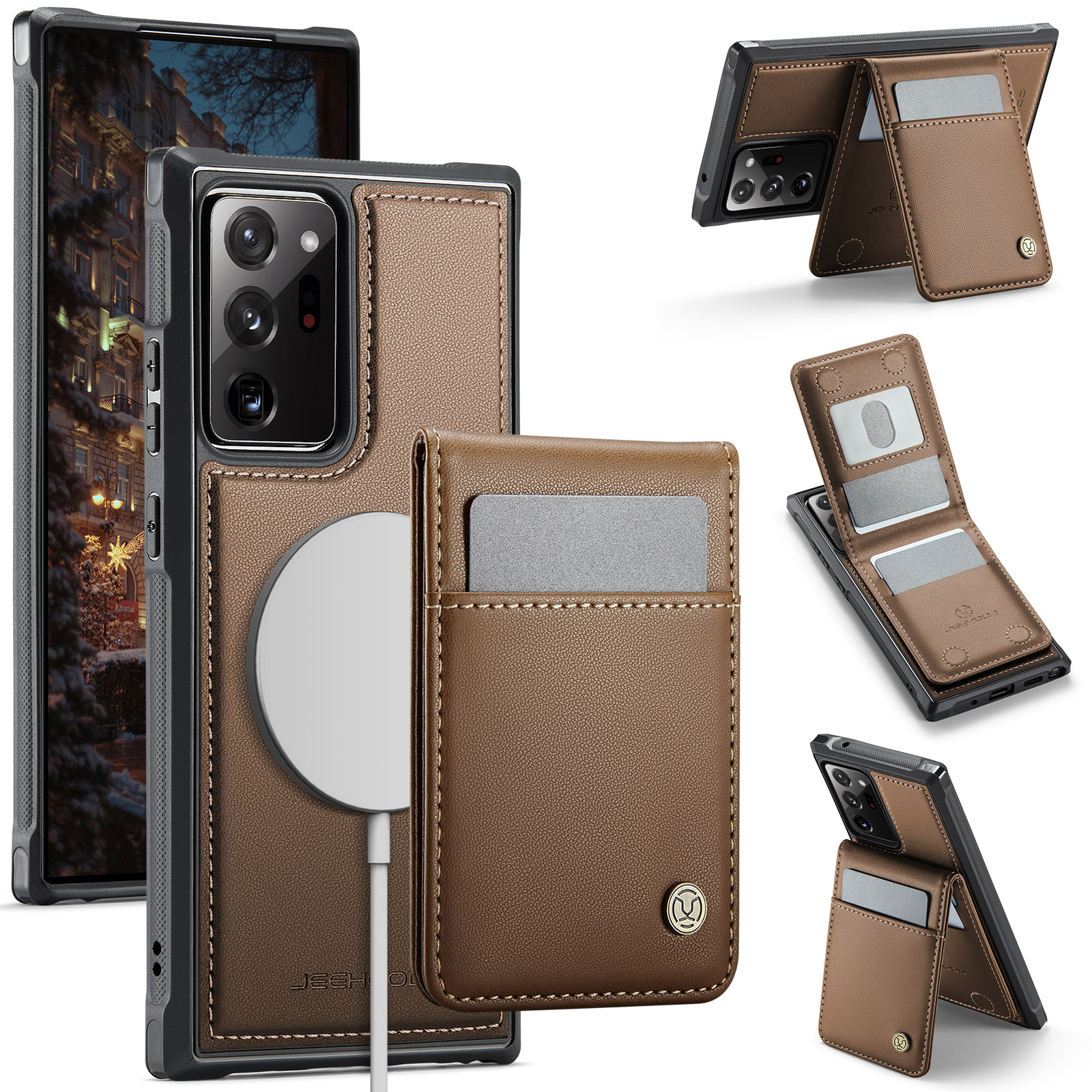 JEEHOOD For Samsung Galaxy Note20 Ultra Leather Back Cover Magnetic Case  J06 Phone Case with Card Bag RFID Blocking - Brown