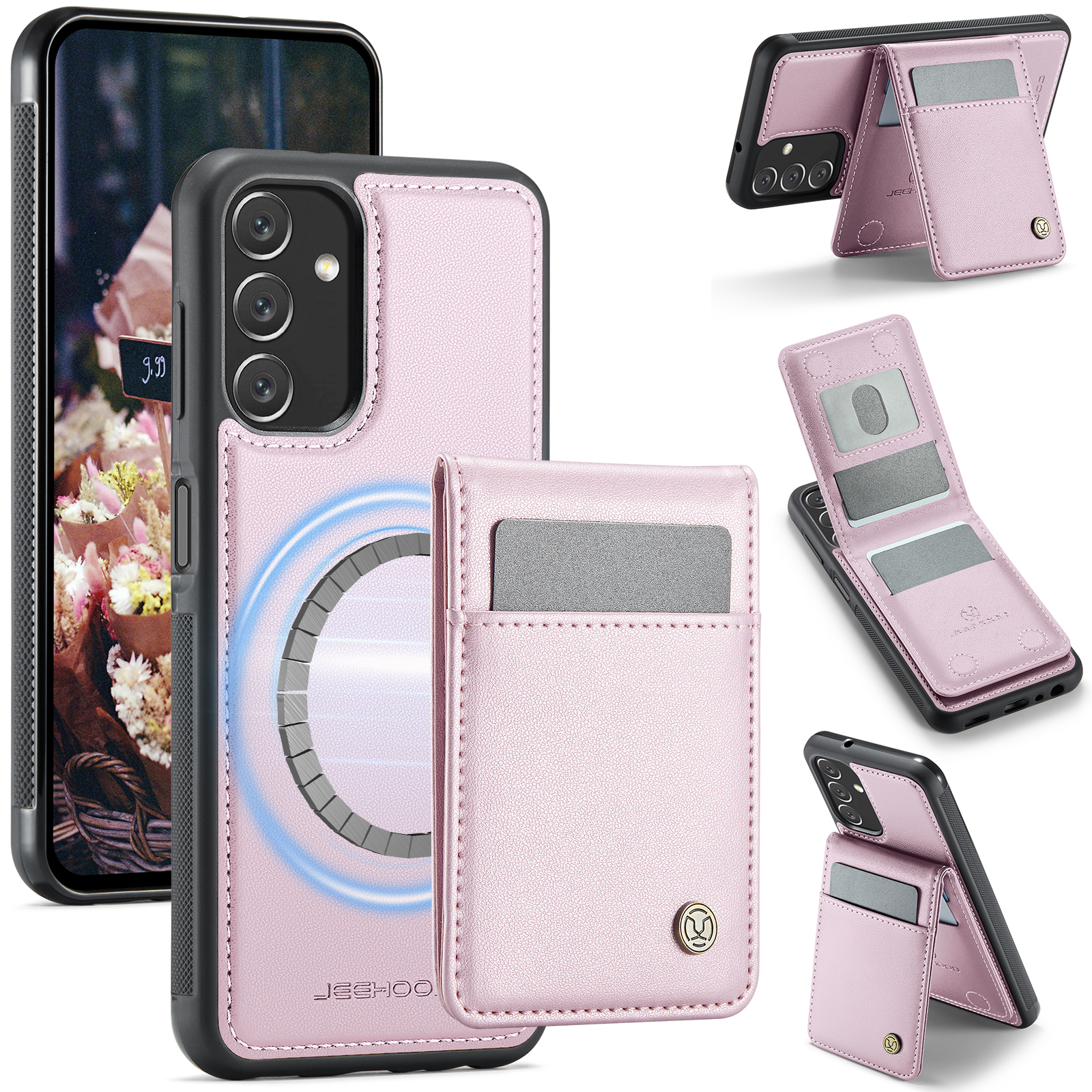 JEEHOOD For Samsung Galaxy A13 5G / Galaxy A13 4G Leather Back Cover Magnetic Case  J06 Phone Case with Card Bag RFID Blocking - Pink