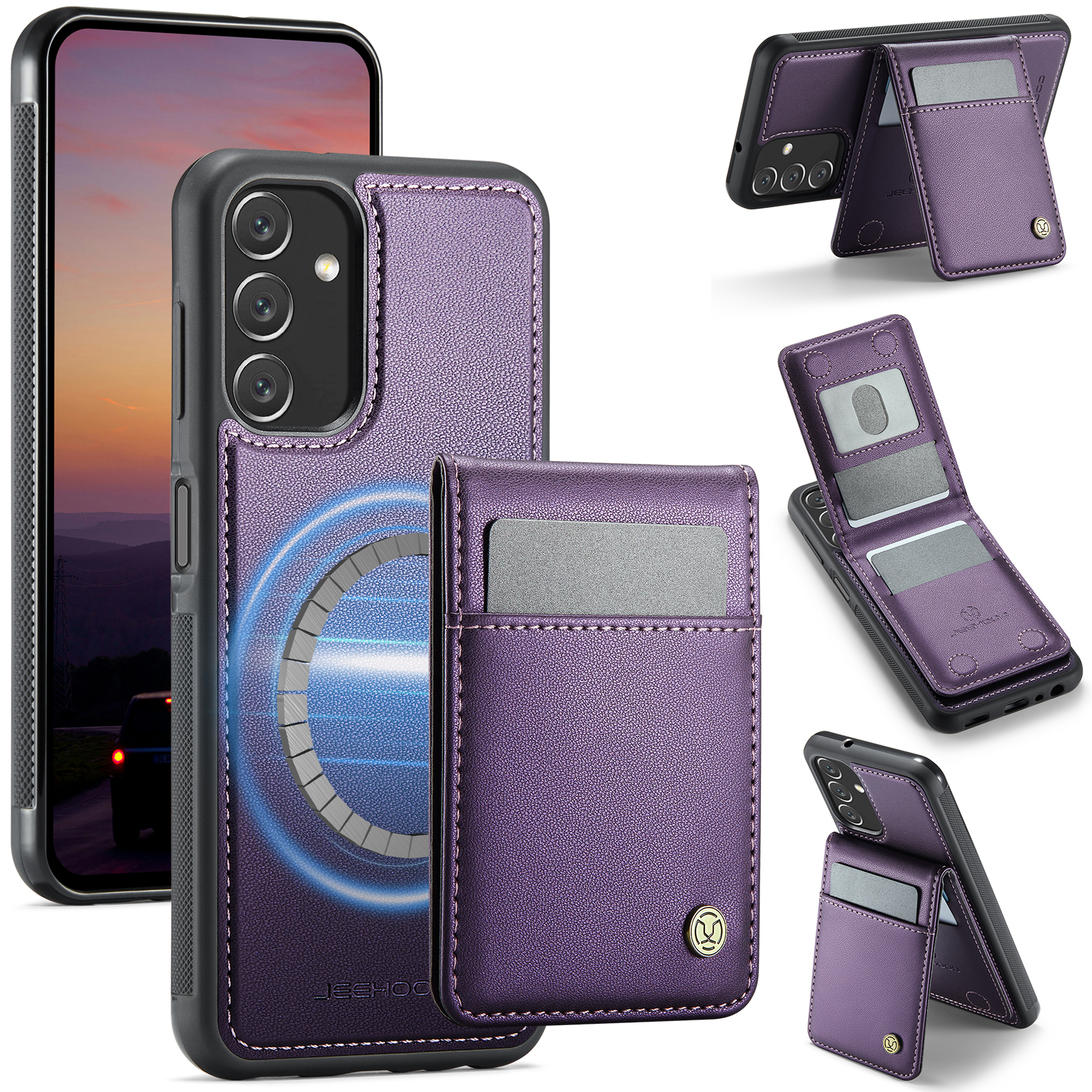 JEEHOOD For Samsung Galaxy A13 5G / Galaxy A13 4G Leather Back Cover Magnetic Case  J06 Phone Case with Card Bag RFID Blocking - Purple