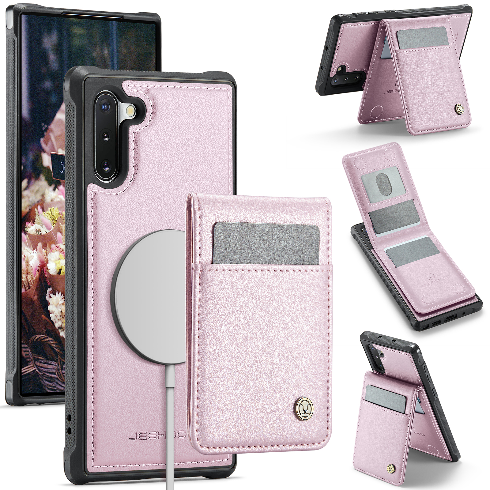JEEHOOD For Samsung Galaxy Note 10 4G Leather Back Cover Magnetic Case  J06 Phone Case with Card Bag RFID Blocking - Pink