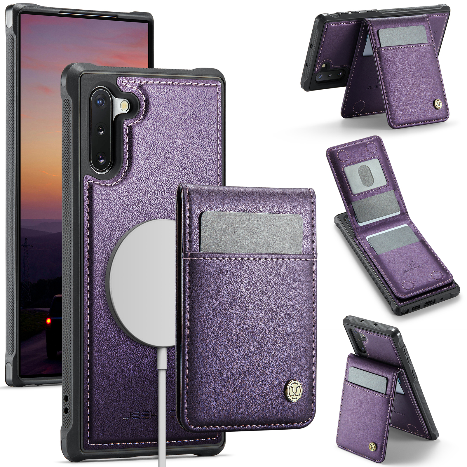 JEEHOOD For Samsung Galaxy Note 10 4G Leather Back Cover Magnetic Case  J06 Phone Case with Card Bag RFID Blocking - Purple