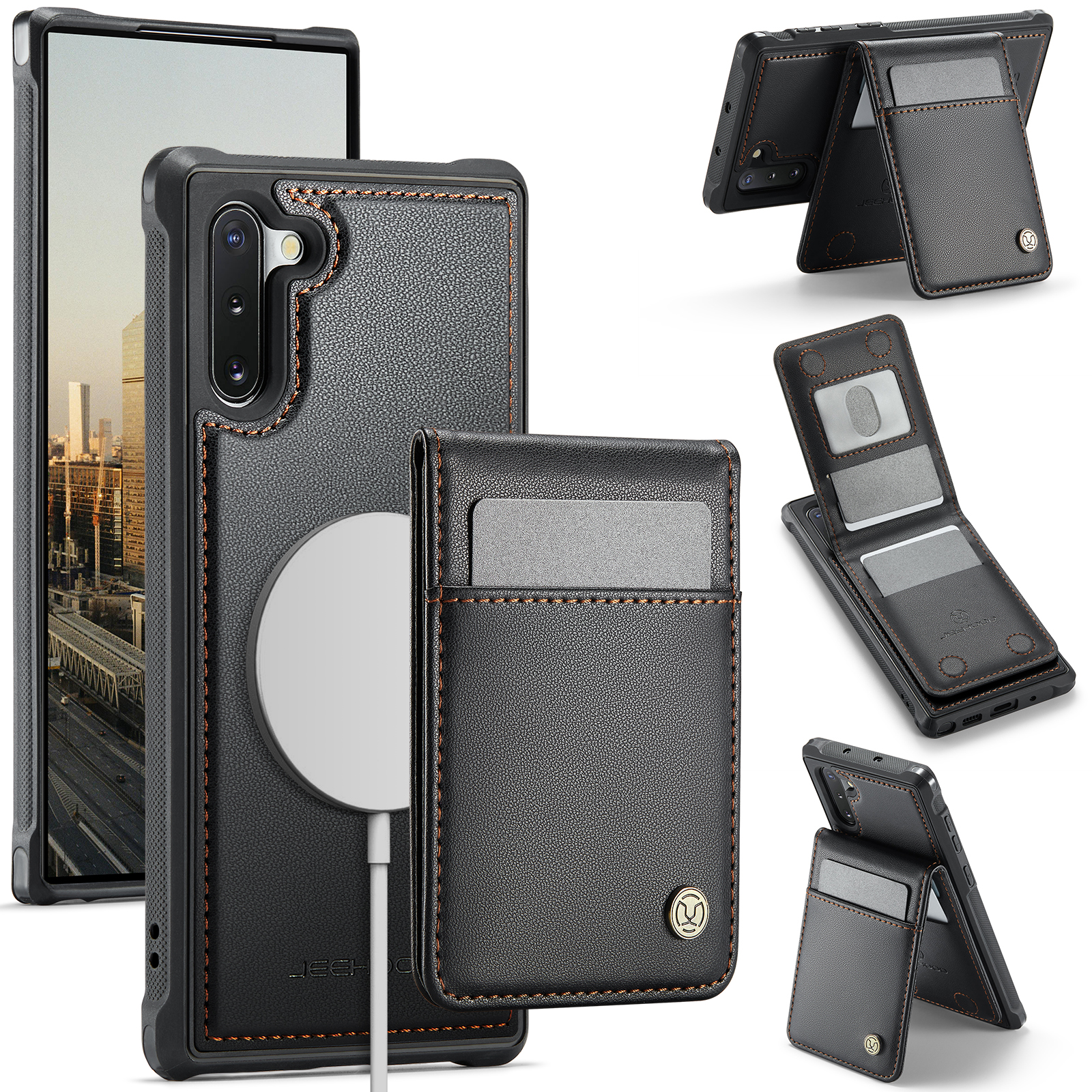 JEEHOOD For Samsung Galaxy Note 10 4G Leather Back Cover Magnetic Case  J06 Phone Case with Card Bag RFID Blocking - Black
