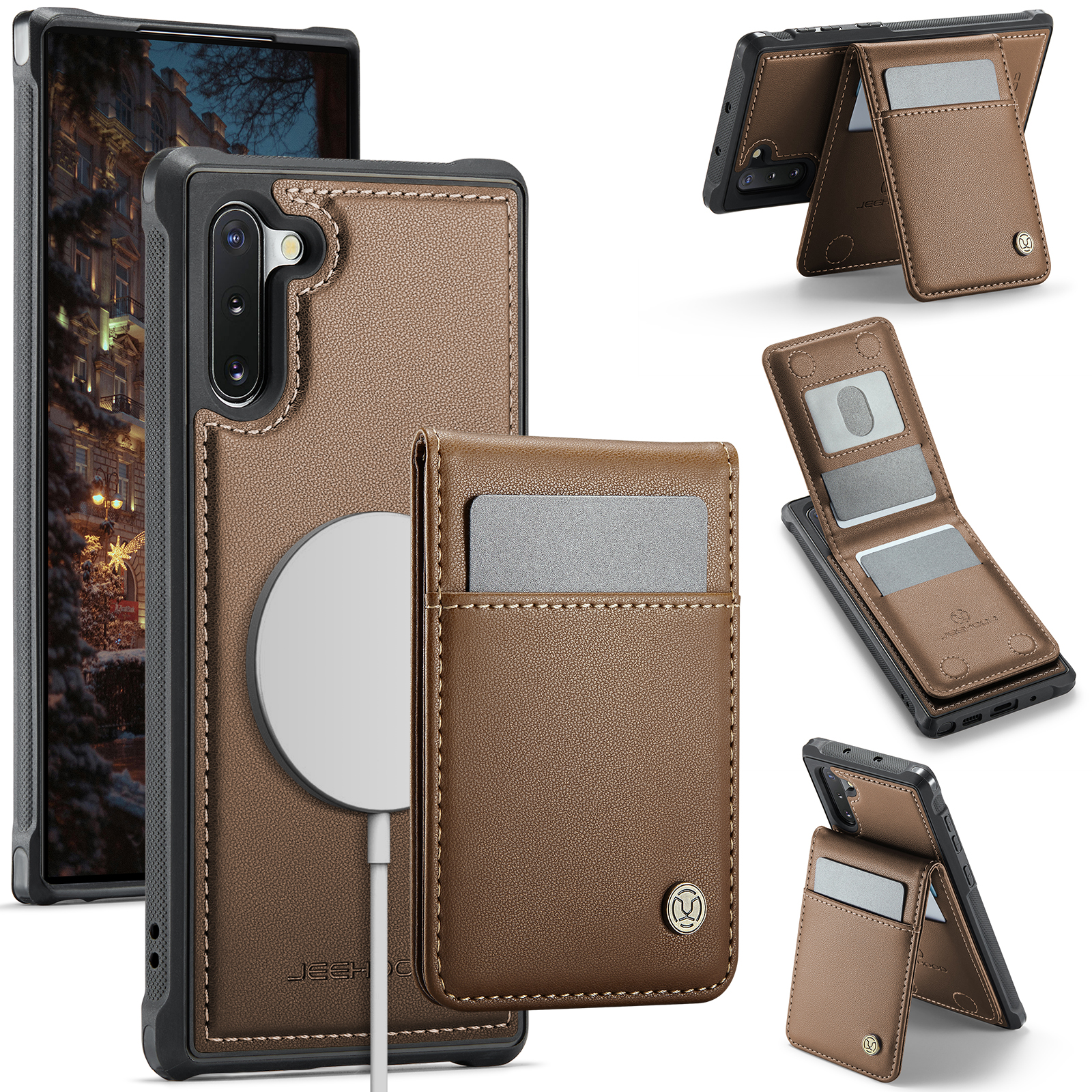 JEEHOOD For Samsung Galaxy Note 10 4G Leather Back Cover Magnetic Case  J06 Phone Case with Card Bag RFID Blocking - Brown