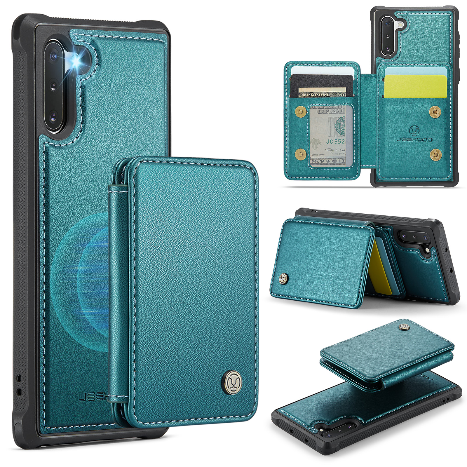 JEEHOOD For Samsung Galaxy Note 10 4G Case J05 Leather Mobile Cover with Detachable Magnetic Card Bag - Blue