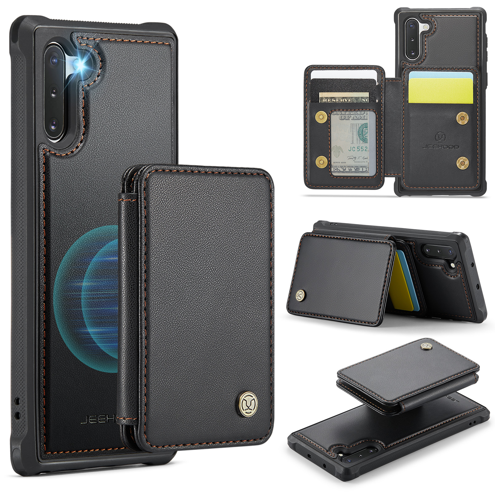 JEEHOOD For Samsung Galaxy Note 10 4G Case J05 Leather Mobile Cover with Detachable Magnetic Card Bag - Black